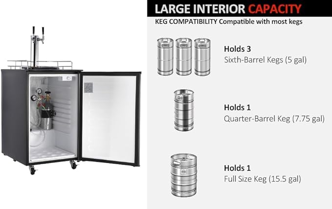 Kegerator and Keg Beer Cooler, Dual Tap Draft Beer Dispenser, Full Size Keg Refrigerator With Shelves, Stainless Steel, Drip Tray & Rail,silver