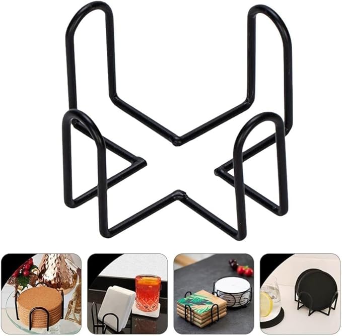 Black Iron Coaster Holder Metal Storage Rack Coasters Shelf for Both Round and Square Coasters, Bar Tools and Drinkware, Cool Home Decor (4.40 X 4.40 X 2.48inch)