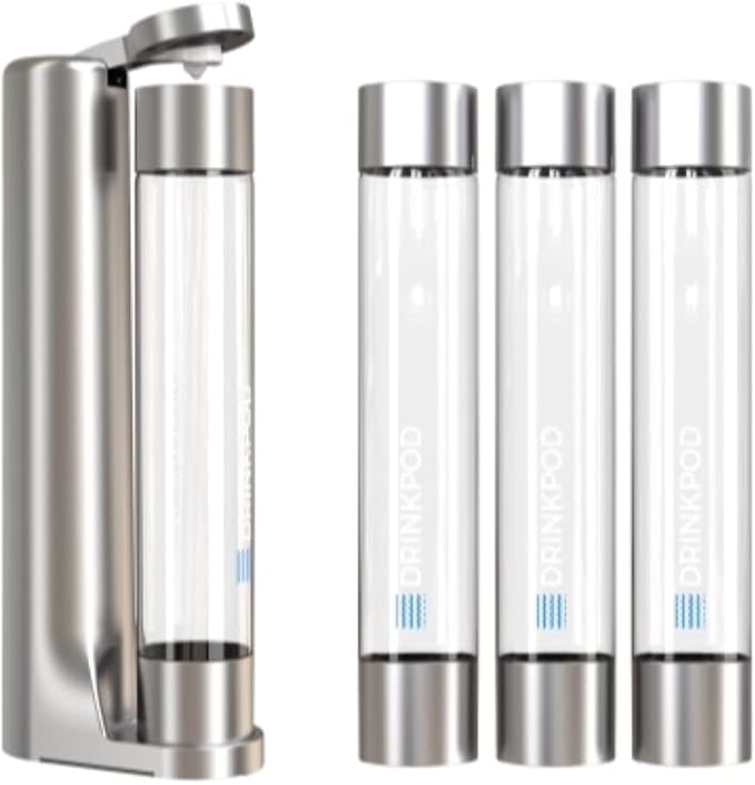 Fizzpod Home Soda Maker Sparkling Water Carbonator With 3 Bottles and 2 Bottle Brushes (Silver)