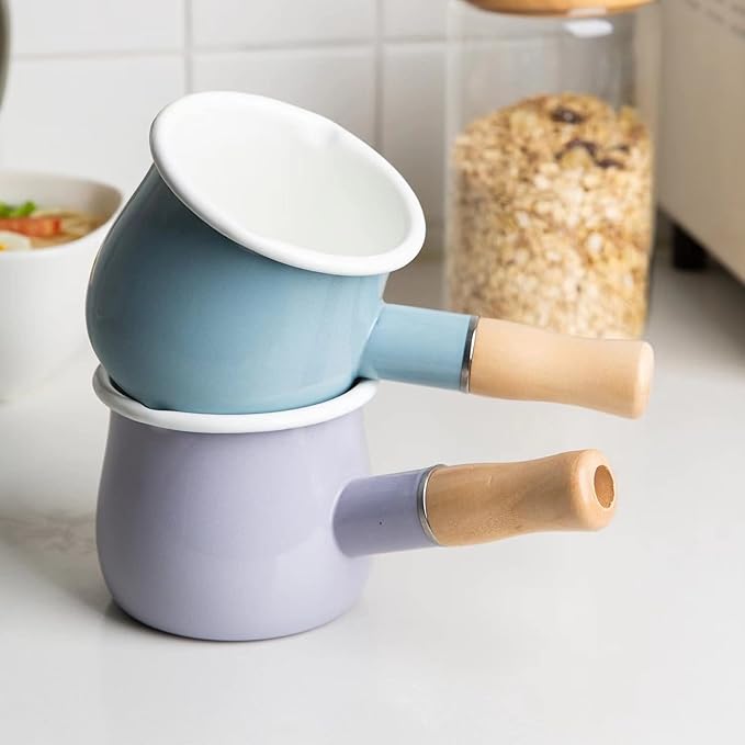 Enamel Milk Pot, Butter Warmer Non-stick Mini Saucepan, 4 Inch 17 Oz Small Cookware with Wooden Handle(Purple)