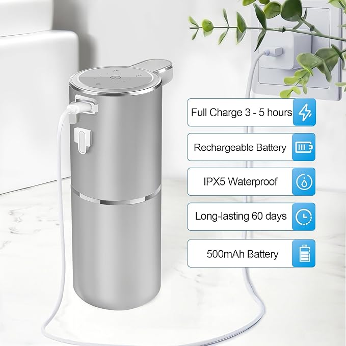 Automatic Foaming Soap Dispenser - Hand Free Pump Touchless Soap Dispenser USB Rechargeable Dispenser with 380ml, 4levels Adjustable Dispenser for Bathroom Kitchen
