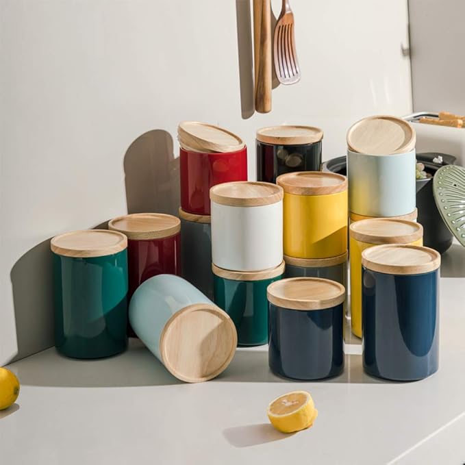 Sweejar Kitchen Canisters Ceramic Food Storage Jar, Stackable Containers with Airtight Seal Wooden Lid for Serving Ground Coffee, Tea, Sugar, Salt and More - 28 Fl Oz (Navy)