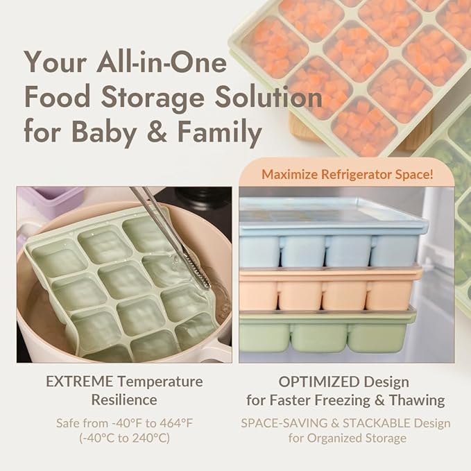 Baby Food Storage Silicone Cubes with Clip-On Lid Freezer Tray Baby Food Soups Purees Ice Safe Design Made in Korea (12cubes 1.5oz, Sand Beige Set OF2)