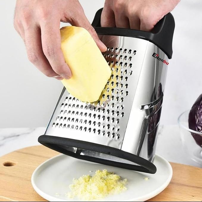 Multifunctional Stainless Steel Grater Slicer with Handle, Large 4 Sides Cutter for Ginger, Garlic, Cucumbers, Carrots, Cheese, Potato,Dishwasher Safe (Black)