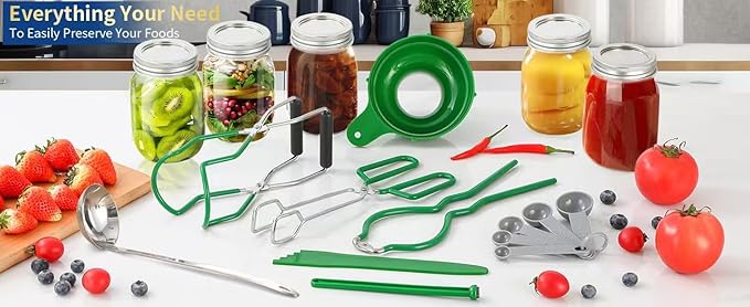 Canning Supplies Starter Kit,Canning Kit for Beginners of 9 with Jar Lifter,Wide Mouth Funnel,Wrench,Tongs,Lid Lifter,Bubble Popper,Canning Labels,ladle,Measuring Spoon-Deep Green