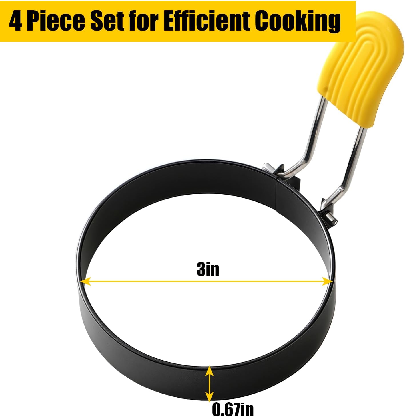 4 Pack Fried Egg Molds Round Stainless Steel Fried Egg Ring with Silicone Handle Perfect for Making Breakfast Sandwiches, Burgers, Pancakes Suitable for Home or Breakfast Carts (3 inch)