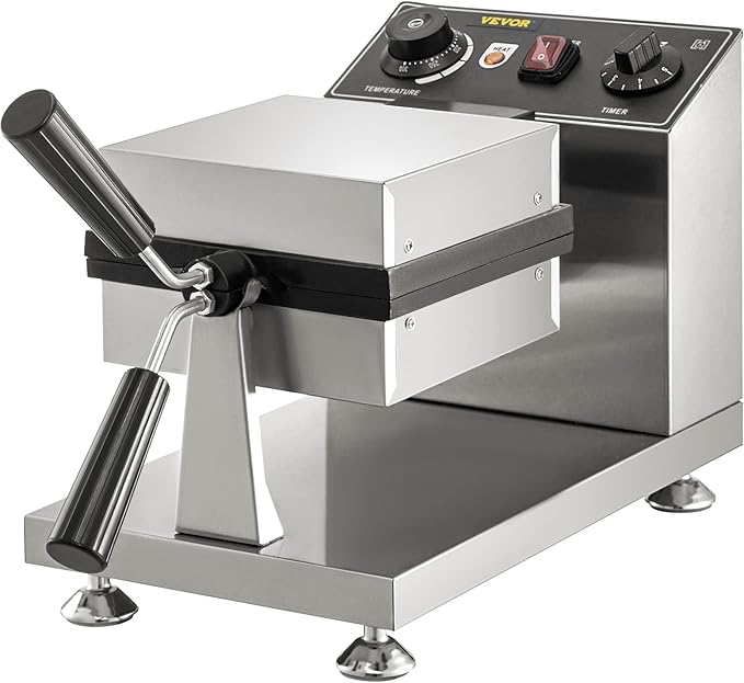 VEVOR Commercial Bubble Waffle Maker, 8" Square Mould, 1200W Egg Bubble Puff Iron w/ 360°Rotatable 2 Pans & Bent Handles, Stainless Steel Baker w/Non-Stick Teflon Coating, 50-300℃/122-572℉ Adjustable