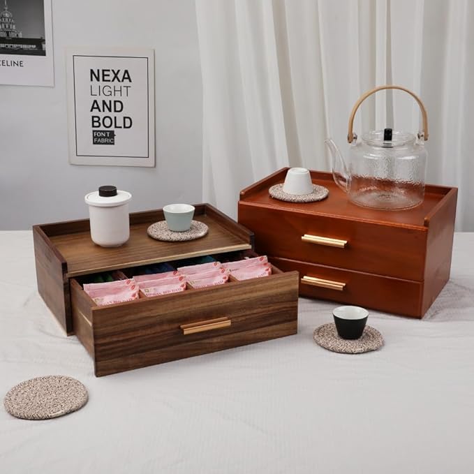 Tea Organizers and Storage Box with Drawer Tea Station organizer for Countertop with 8 Compartments Pine Wood Tea Bag Organizer with Drawer Teabag Holder with 4 Cotton Woven Coasters(Brown02)
