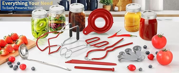 Canning Supplies Starter Kit,Canning Kit for Beginners of 9 with Jar Lifter,Wide Mouth Funnel,Wrench,Tongs,Lid Lifter,Bubble Popper,Canning Labels,ladle,Measuring spoon-Red