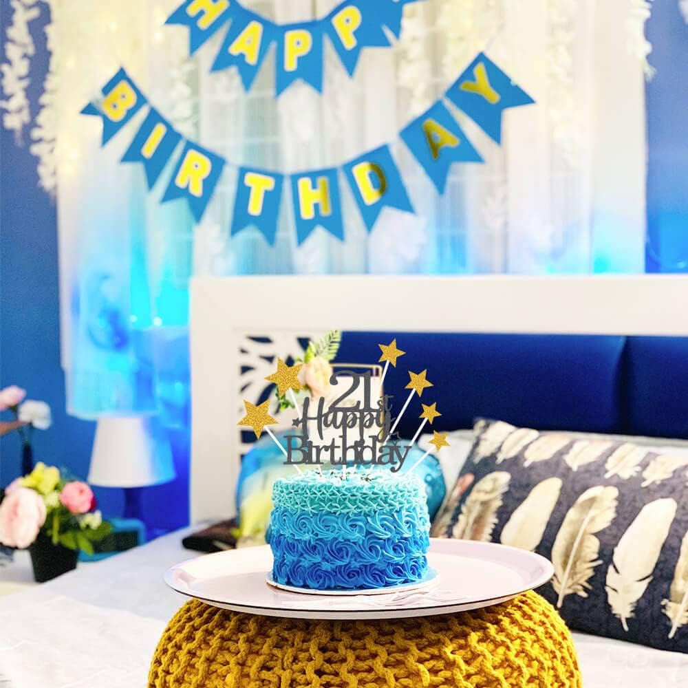 Glittery 21st Happy Birthday Cake Topper with Star,Personalised 21 Birthday Cake Toppers Party Decorations Party Supplies for Boys Girls Black Gold
