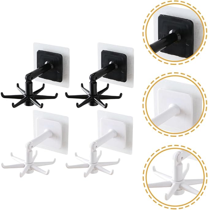GLEAVI 4pcs 360-degree Rotatable Kitchen Utensil Hooks, Wall-Mounted Heavy Load Hanging Hooks for Kitchenware, Under Cabinet Sticky Holders in Black and White