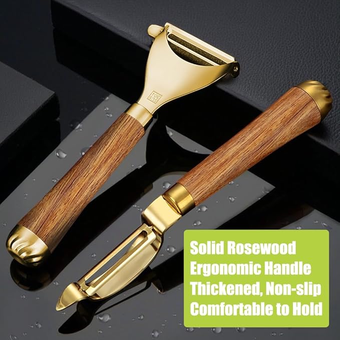 Potato Peelers,Premium 304 Stainless Steel Vegetable Peeler Set, Rosewood Handle For Kitchen, Veggie Fruit Peeler, Apple Carrot Cucumber Peeler,Ultra Sharp Rotary Blade, 2-Piece(Gold)