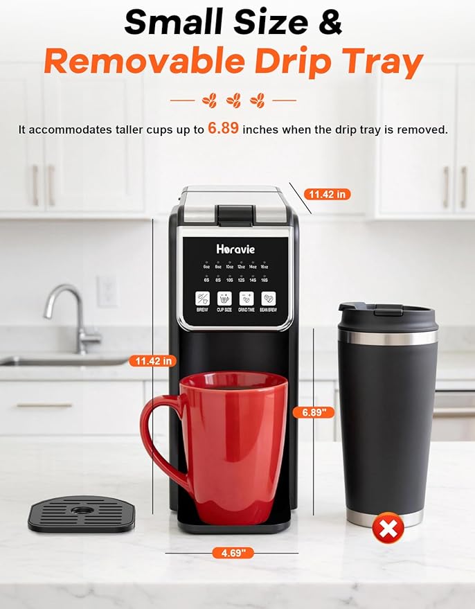 Horavie Single Serve Coffee Maker with Built-in Grinder, Fast Brew 6-16oz Single Cup for Whole Beans, Grounds, K Pod, Grind and Brew Coffee Maker with 47oz Water Tank, Descaling Alert, Black
