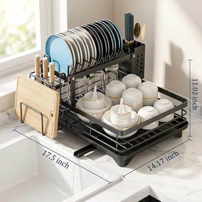 2 Tier Stainless Steel Dish Drying Rack with Auto-Draining Drainboard, Utensil Holder, Detachable & Space Saving Kitchen Counter Organizer, (Black),Chaos Coordinator Gifts
