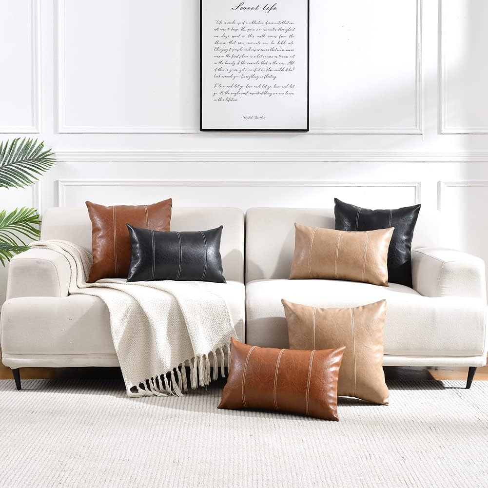 Fancy Homi Tan Decorative Throw Pillow Covers 16x16 Inch for Living Room Couch Bed, Modern Farmhouse Boho Home Decor, Faux Leather Hand Stitched Beige Accent Square Cushion Case 40x40 cm