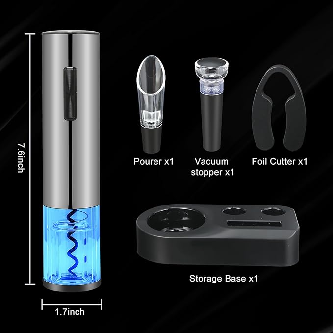 VIDYSUFYR Electric Wine Bottle Opener Set- Silver, Automatic Wine Bottle Opener with Led Light, Rechargeable Corkscrew Kit with Aerator,Foil Cutter,Stoppers