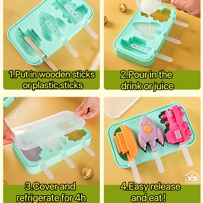 3 Pcs Cute Silicone Ice Cube Mold Set For Toddlers and Kids, BPA-Free Food Grade Ice Tray, Homemade Frozen Popsicle Maker Mold (3 PCS(dinosaur*1+airplane*1+car*1))