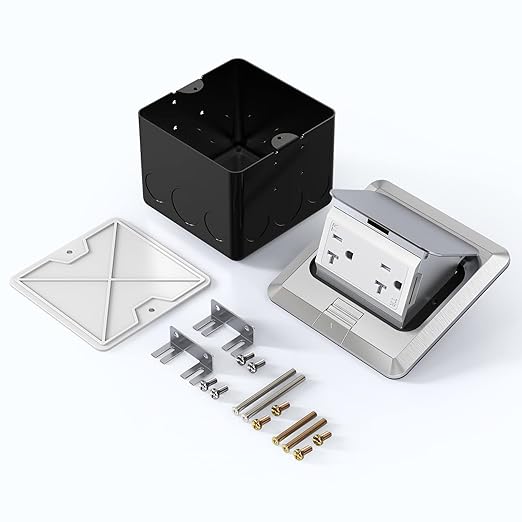 KYHSHJ Pop Up Floor Electrical Outlet Box Kit,20 Amp Stainless Steel TR Tamper-Resistant Duplex Receptacle Outlet, Corrosive Resistant Hardware,ETL Listed, Silver