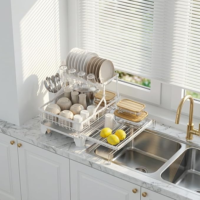 GSlife Large 2 Tier Dish Drying Rack, Expandable Heavy-Duty Dish Rack for Kitchen Counter, Rust-Resistant Dish Drainer with Utensil & Cup Holder, Auto-Drain, 16.9" W x 14.4"-22.4" L, White
