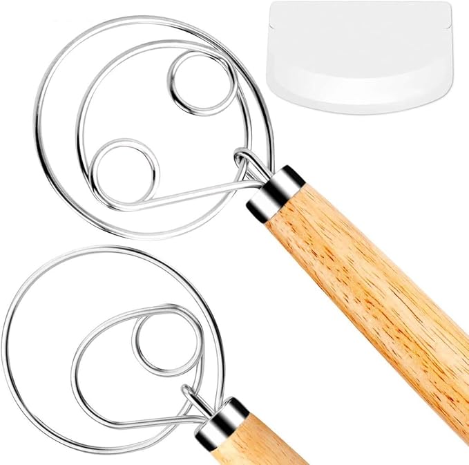 Danish Dough Whisk Bread Mixer,2 Pack Premium Stainless Steel Dutch Whisk With a Dough Scraper for Bread, Pastry or Pizza Dough - Perfect Baking