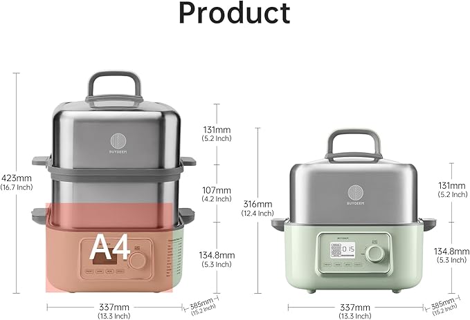 BUYDEEM G67US-A503 Electric Food Steamer for Cooking, 2 Tire Stainless Steel Steamer with Manual Mode, 1500W, 14 Quart, Green