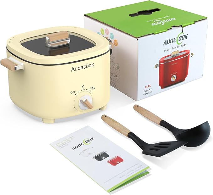 Audecook Hot Pot Electric, 2.5L Portable Nonstick Multicooker for 1-3 Persons, Honeycomb Texture Travel Electric Skillet with Dual Power Temperature Control for Steak/Egg/Noodles/Oatmeal (Beige)