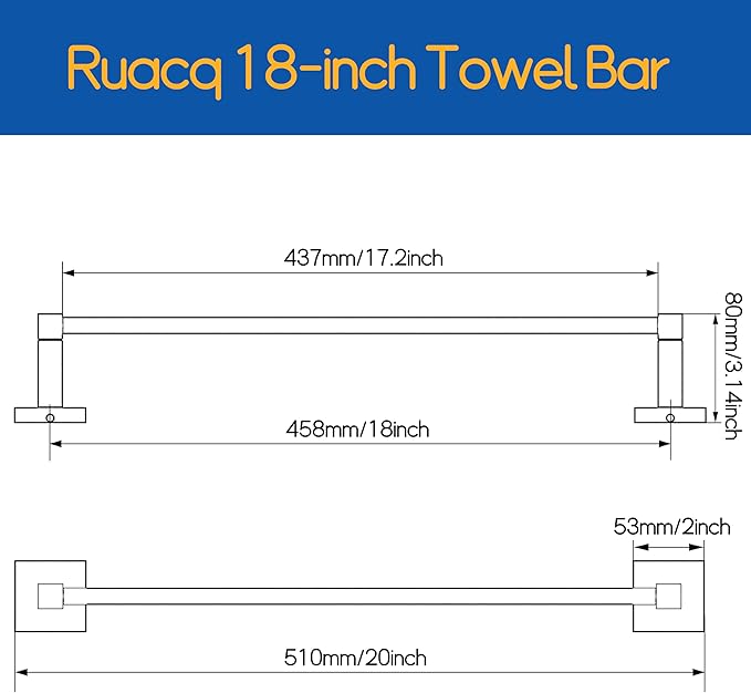 RUACQ Gold Towel Bar 18 inch, 304 Stainless Steel Towel Racks for Bathroom Wall Mounted, Heavy Duty Bath Towel Rod with Square Base(Brushed Gold)