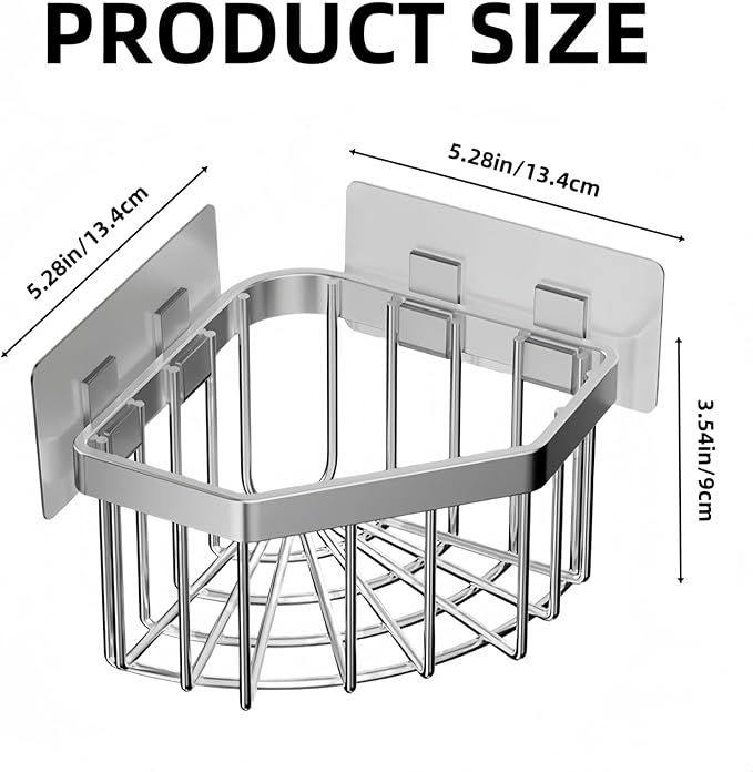 Wall Mounted Sink Caddy Organizer, Carbon Steel Kitchen Sponge Holder with 2 Adhesive Hooks, Triangular Drain Rack, 5.27x5.27x3.54 Inch (Grey)