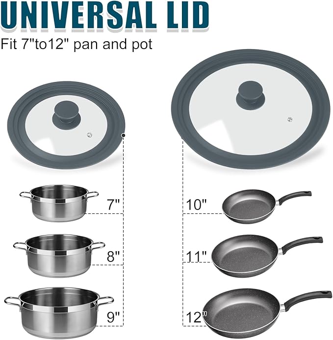 Universal Lid for Pots Pans and Skillets, 2 Pack Pan Cover fit 7", 8" 9" & 10", 11", 12" Diameter Cookware, Silicone Replacement Pan Lid Pot Lids for Frying Pans, Cast Iron,Tempered Glass Lid (Gray)