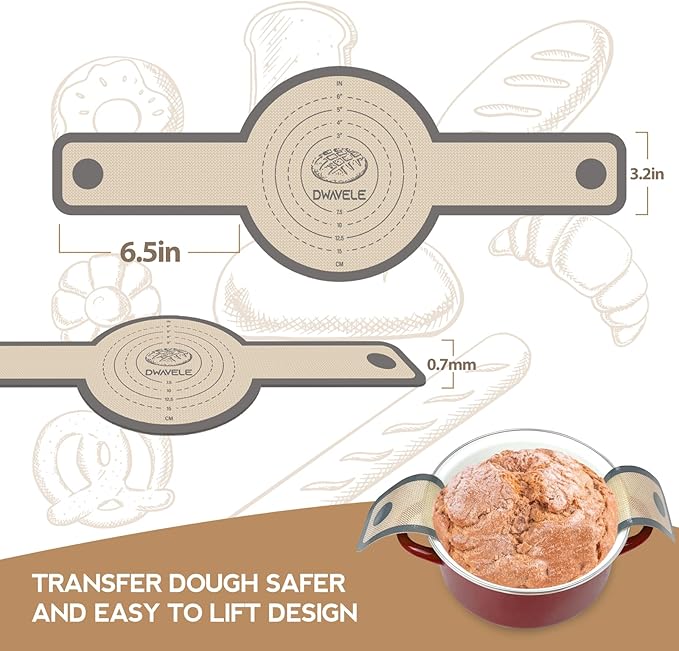Silicone Bread Sling for Dutch Oven, Non-Stick & Easy to Clean Bread Baking Mat Set, 2 Pcs Reusable Bread Sling with Long Handle to Transfer Sourdough (Gray, Oval and Round)