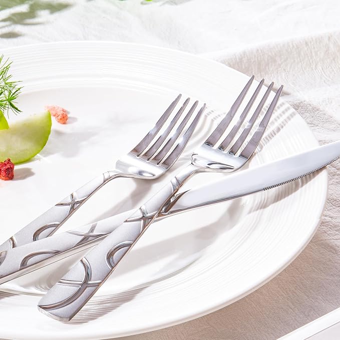 HIKAA 36PCS Stainless Steel Silverware Set with Steak Knives, Modern Flatware Set for Kitchen, Mirror Polished Cutlery Set with Forks, Spoons and Knives,Dishwasher Safe