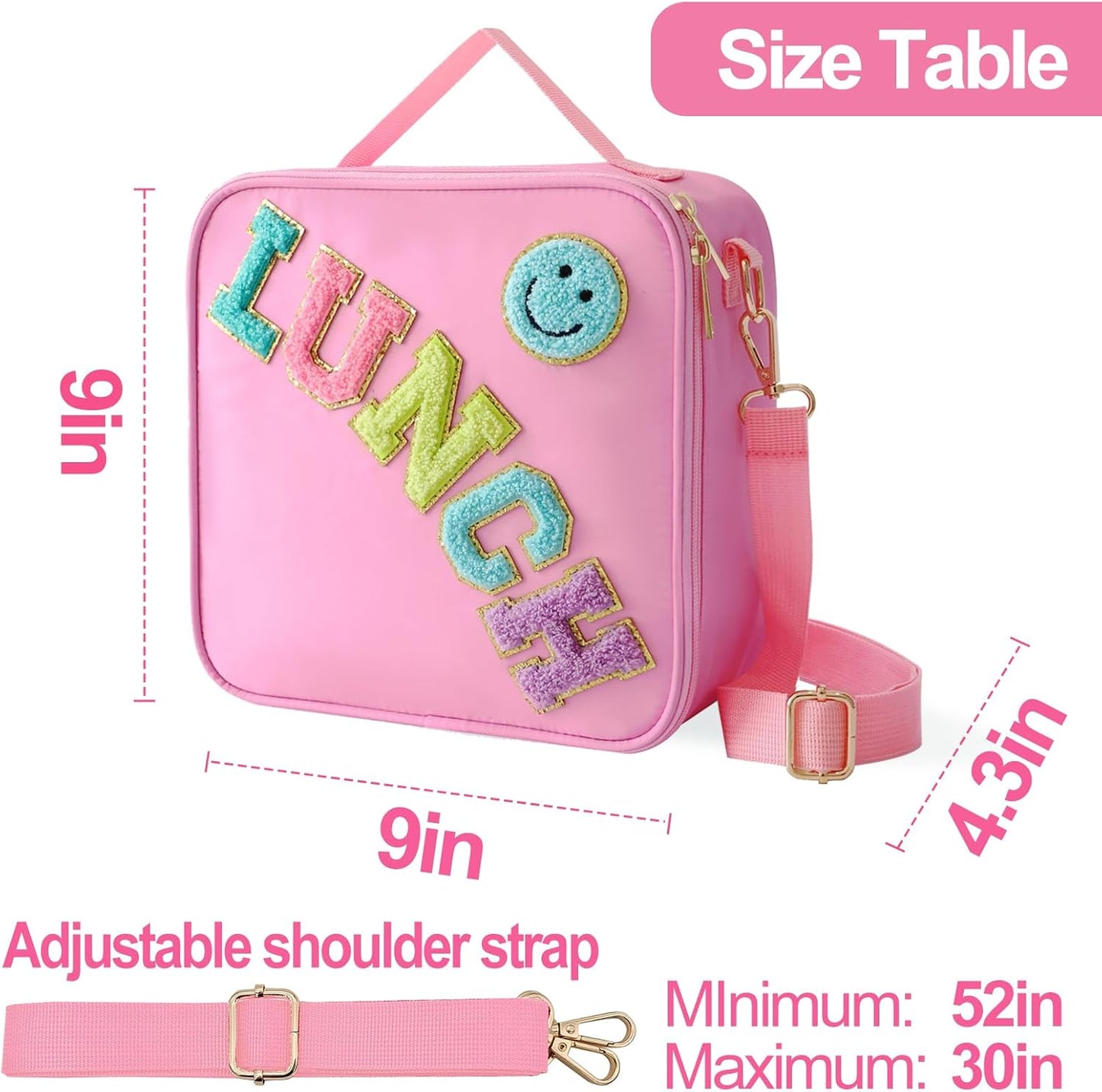Insulated Lunch Bag With Adjustable Shoulder Strap, Nylon Preppy Lunch Box Large Insulated Lunch Bag Reusable Lunch Tote Bag with Smiley Preppy LunchBag for Girls School Travel Picnic (Pink)