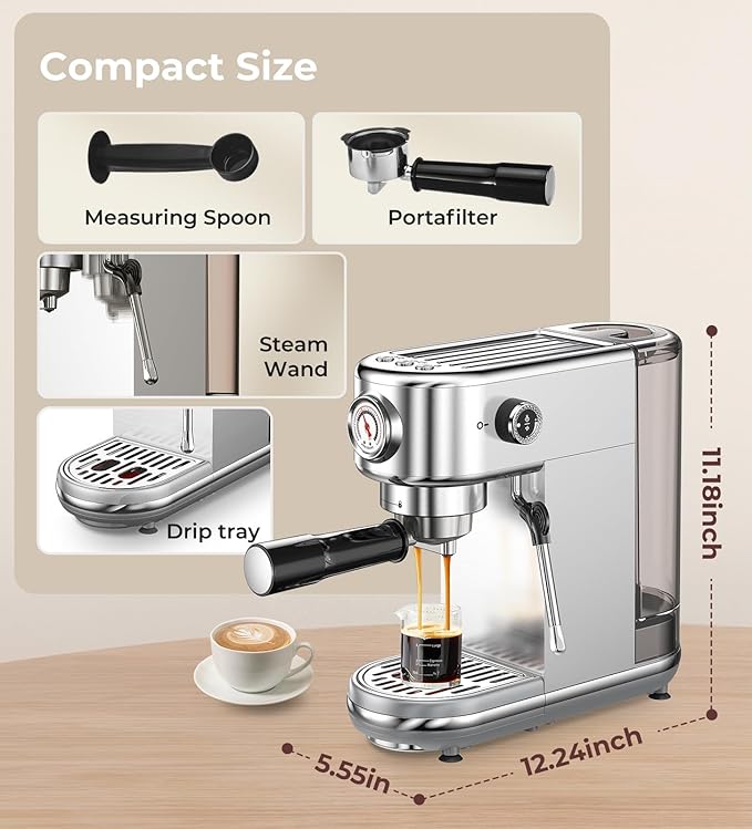 atatix Espresso Machine with Milk Frother, 20 Bar Pressure Espresso Maker, with 44OZ Removable Tank, Compact Stainless Steel Coffee Machine for Home, Office, Latte, Cappuccino, Macchiato, Silver