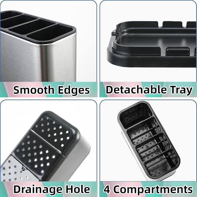 LIBODOUR Utensil Holder,Stainless Steel Caddy Counter,Spoon holder,4 Compartments Silverware Caddy,Capacity Flatware Spoon Fork Tool Cutlery Holder(Silvery)