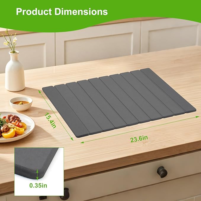 Stone Drying Mat for Kitchen Counter, Large Dark Gray Foldable Diatomaceous Earth Dish Drying Mat, Quick-Dry Absorbent Bath & Countertop Mat for Dishes Bottles Cups(23.6"x15.4")