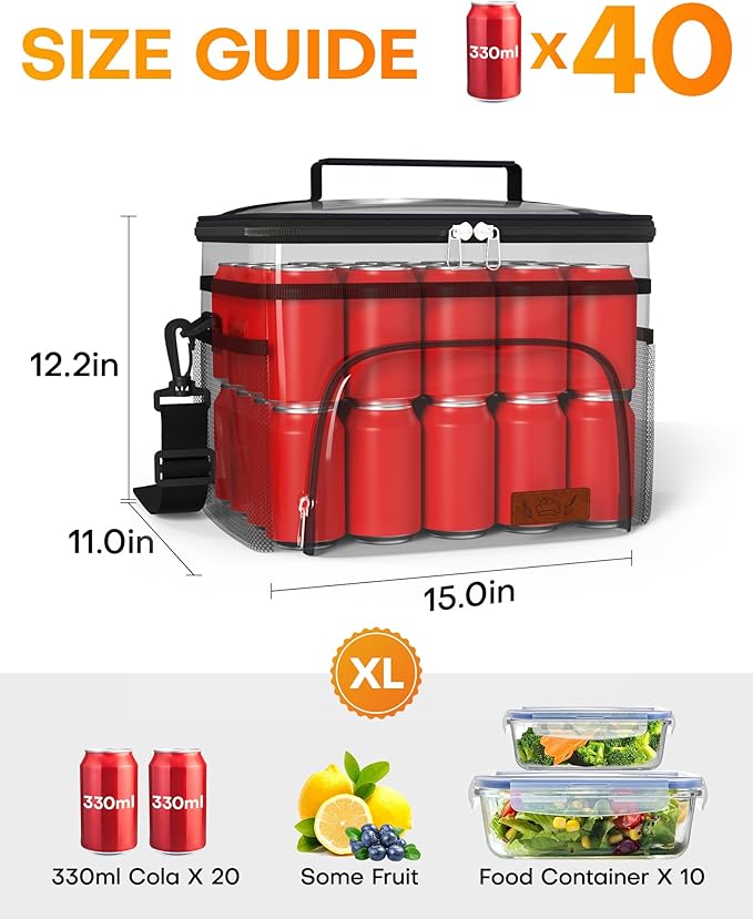 HOTOR Insulated Lunch Box for Men & Women - Leak-Proof Cooler Lunch Bag with 4 Pockets, Adjustable Strap, Ideal for Work, Picnic, Travel - Large, Black, 15.0"×12.2"×11.0"