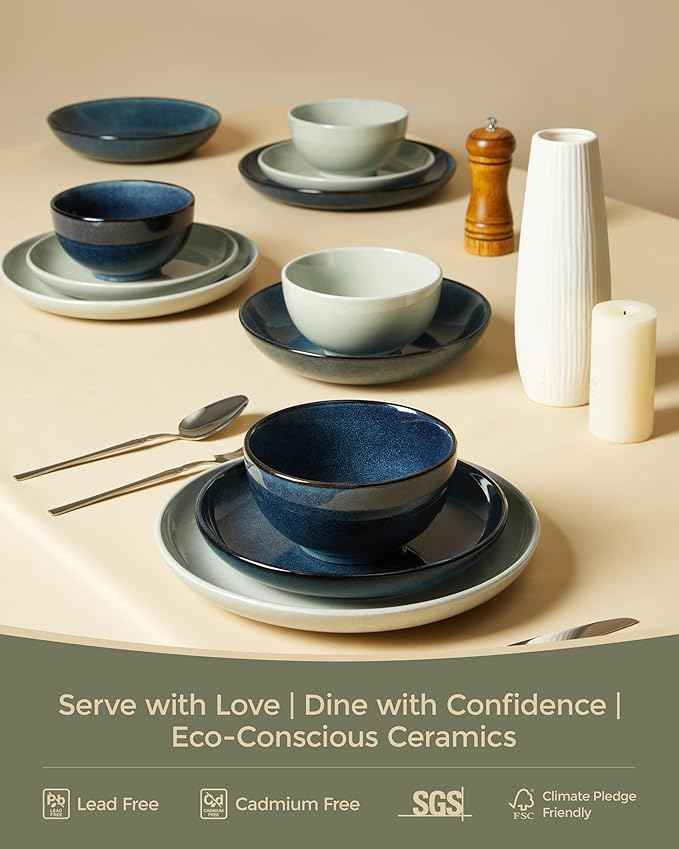 Santorini Mist Terracotta Reactive Glaze Plates and Bowls Sets, Stoneware Dinnerware Sets, Microwave and Dishwasher Safe Ceramic Dish Set Service for 4, Slate Green