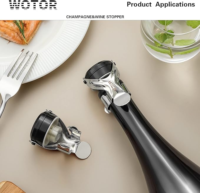 WOTOR Champagne&Wine Bottle Stoppers Stainless Steel with Food Grade Silicone, Leak Proof Keep Fresh Reusable Saver, Cork Suitable for Wine, Champagne, Cava, Prosecco and Sparkling (12 Pack Silver)
