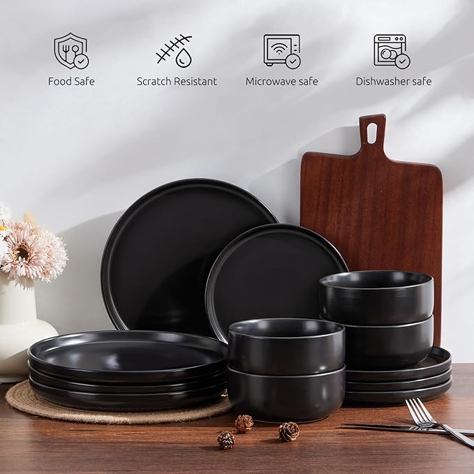 E-far Stoneware Dinnerware Sets for 6, 18-Piece Plates and Bowls Set, Modern Ceramic Dishes Dinning Ware, Microwave & Dishwasher Safe - Matte Black