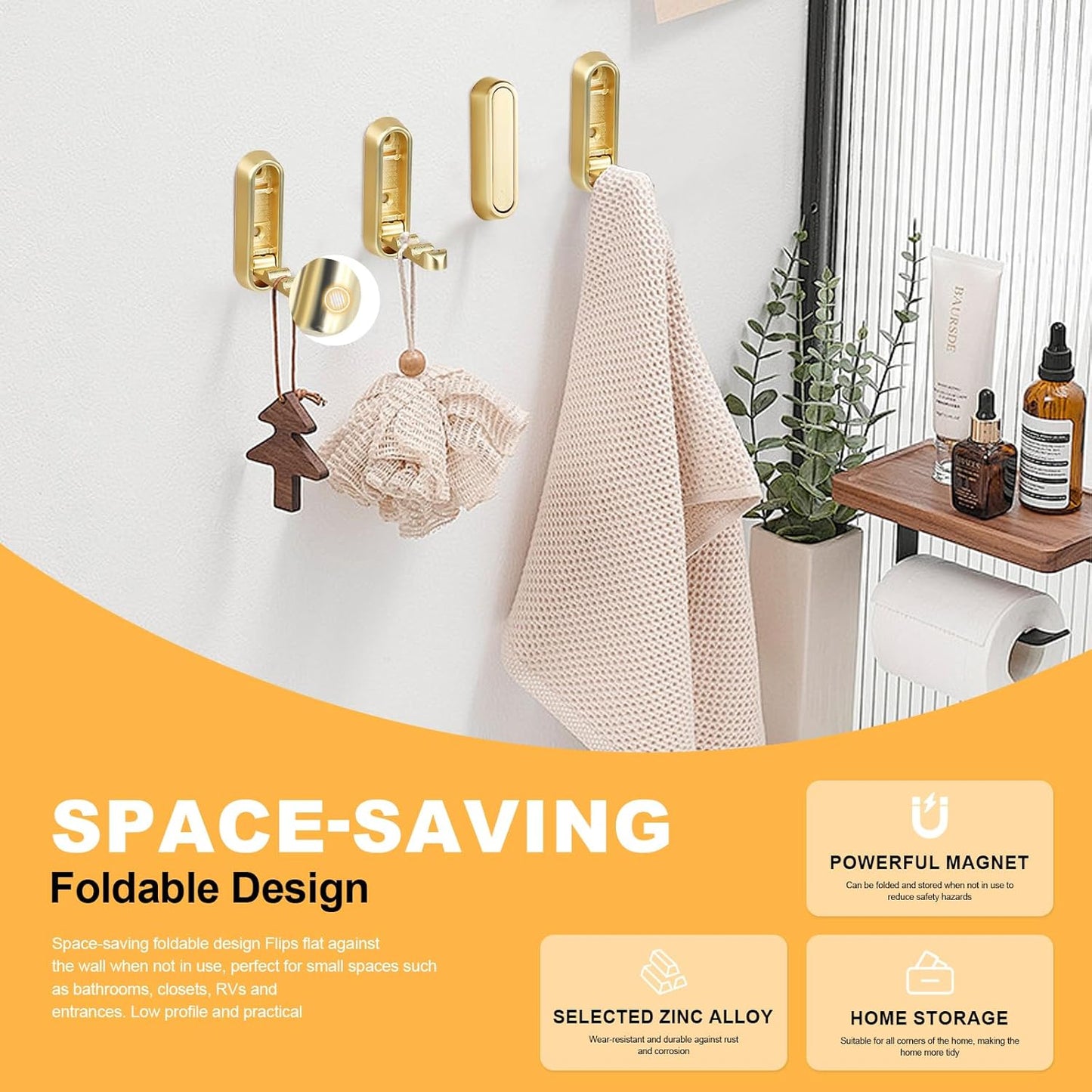 Heavy Duty Gold Folding Wall Hooks 2 Pack, Space Saving Foldable Coat Hooks for Bathroom, Closet, Entryway, Kitchen, Towel, Robe, Bag, Hat Hanging, Easy Mount, Zinc Alloy, Corrosion-Resistant 