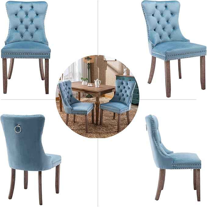 Upholstered Dining Chairs Set of 4, Velvet Dining Room Chairs with Back Ring Pull Trim and Solid Wood Legs, Tufted Wingback Kitchen Chair Perfect for Dining Room,Living Room,Kitchen(Light Blue)