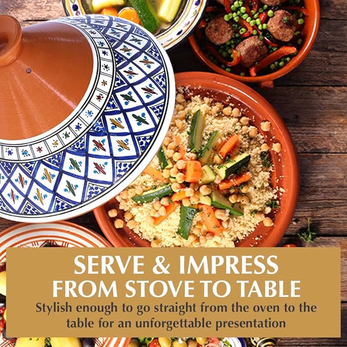 Kamsah Tagine Pot for Cooking and Flavor Enrichment - Large Clay Pot 12”, 5.5 QT - Non-Stick Handmade Cookware - Moroccan Ceramic Pots for Cooking with Lid & Serving Bowl - Bohemian Classic Blue