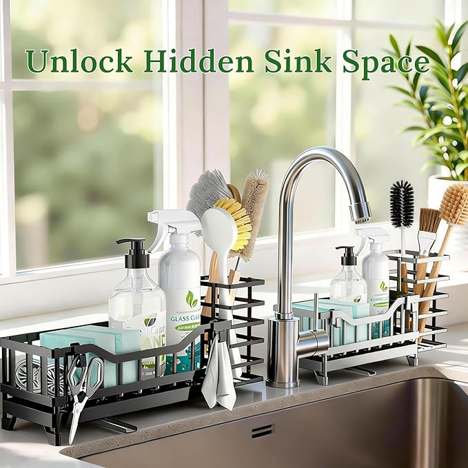 Sponge Holder for Kitchen Sink, Kitchen Sink Caddy with Long-Handled Dish Brushes Holder, 304 Rustproof Stainless Steel Countertop Organizers and Storage, Home Kitchen Sink Accessories(Silver)