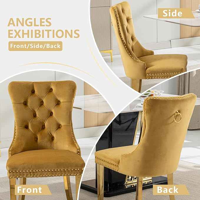 Gold Velvet Dining Chairs Set of 6, Kitchen & Dining Room Chairs, Tufted Upholstered Dining Room Chair, Back Ring Pull Trim, Golden Stainless Steel Legs, Gold