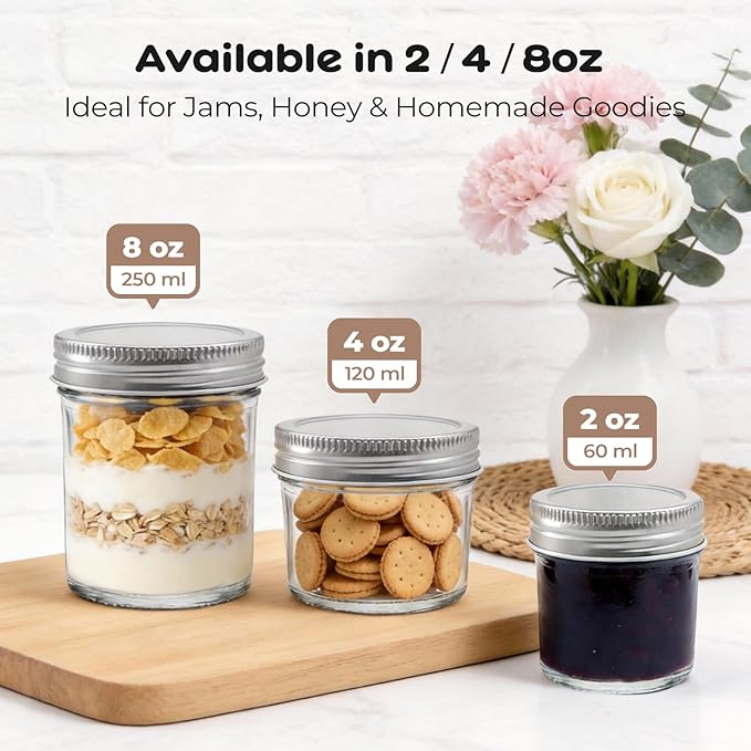 6 Pack Mini Mason Jars 2 oz Glass Jars with Lids, Small Glass Jars for Jam Ginger Shots Honey Spices Wedding Favors, Includes Labels, String & Handmade Tags