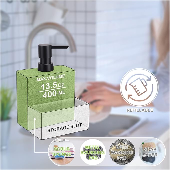 zccz Soap Dispenser with Sponge Holder, Marble Look Liquid Hand and Dish Soap Dispenser Pump Bottle and Sponge Holder 2 in 1 for Kitchen Sink Bathroom Counter Storage and Organization