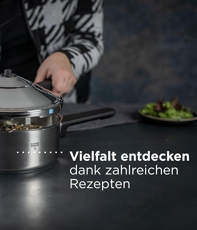 Kuhn Rikon DUROMATIC® 5.0L Stovetop Pressure Cooker – 22cm, Swiss Made – 18/10 Stainless Steel, Energy Efficient, Safe Locking Lid, Works on Induction & All Stovetops, Includes Trivet & Cookbook