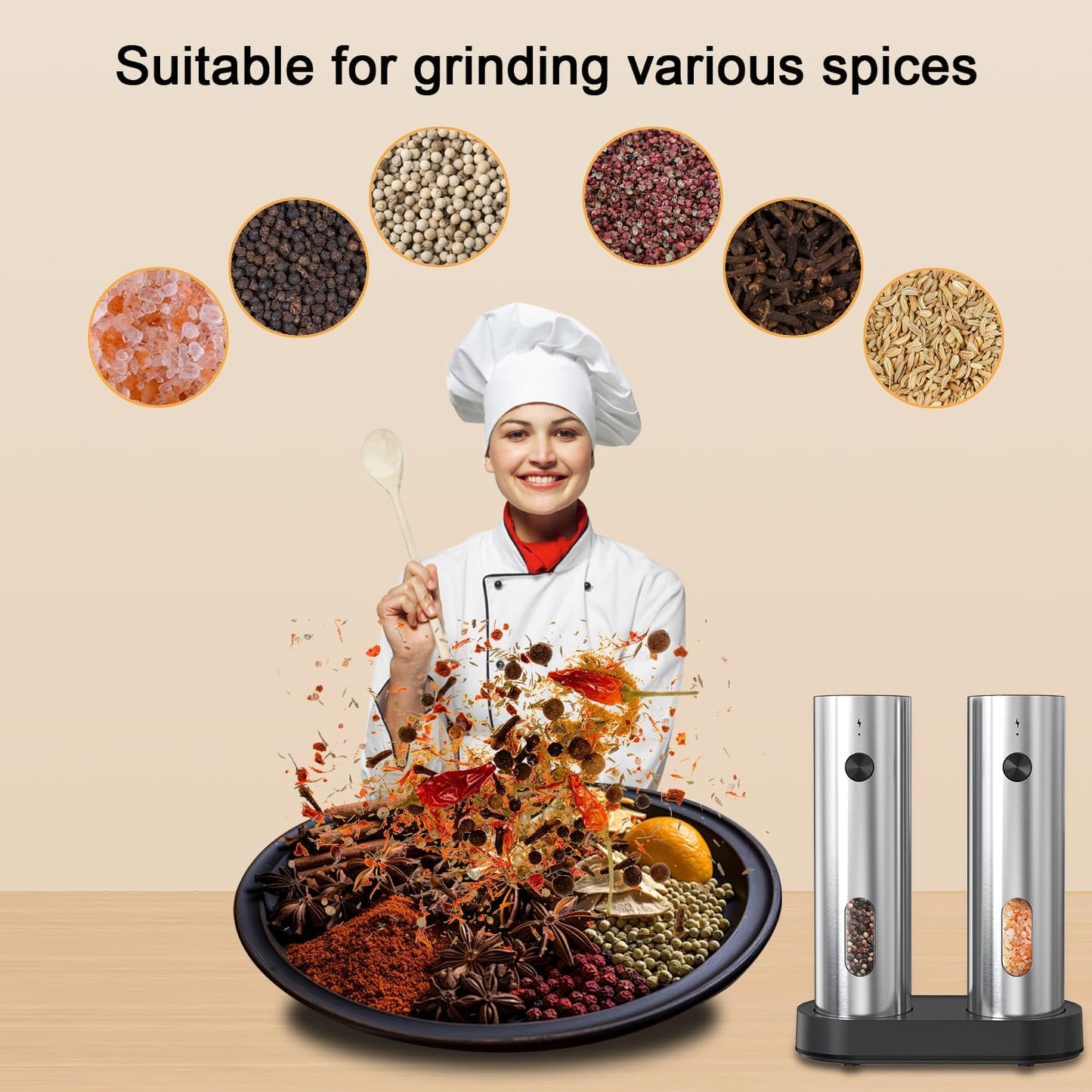 Electric Salt and Pepper Grinder Set with Charging Base,Stainless Steel Automatic Pepper Grinder Set Top-Refill, Flexible Coarsenes, 110ml Larger Capacity with LED Light for Home Kitchen (2 pack)