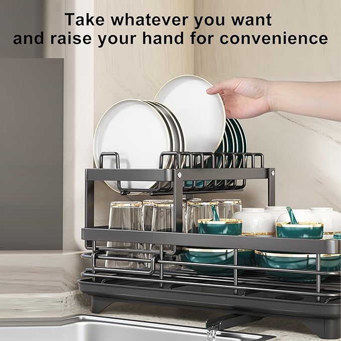 Dish Drying Rack 2-Tier Auto Draining Dish Drying Rack for Kitchen Counter & Sink - Large Capacity Detachable Stainless Steel Organizer with Drainboard & Utensil Holder (Black),Chaos Coordinator Gifts