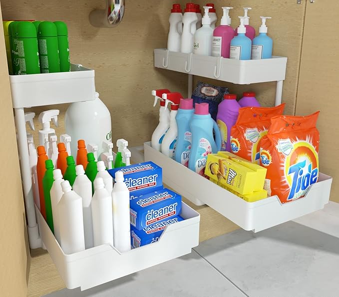 L shape Under Sink Organizers with 2 Pack of Black and 2 Pack of White,Sliding L-shape Cabinet Organizers Narrow Space Storage Multi-purpose Sink Organizer for Bathroom Kitchen Drawer